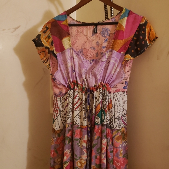 Sacred Threads Floral Patch 100% Rayon Midi Empire Waist Dress Sz L - Picture 4 of 8